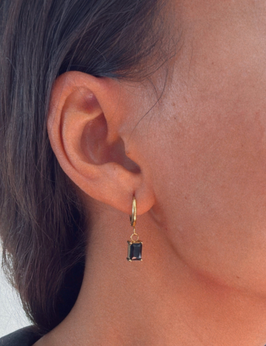black baguette dangle hoop earrings