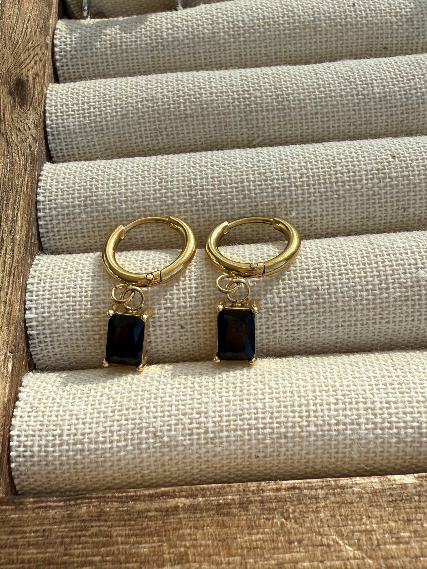 black baguette dangle hoop earrings