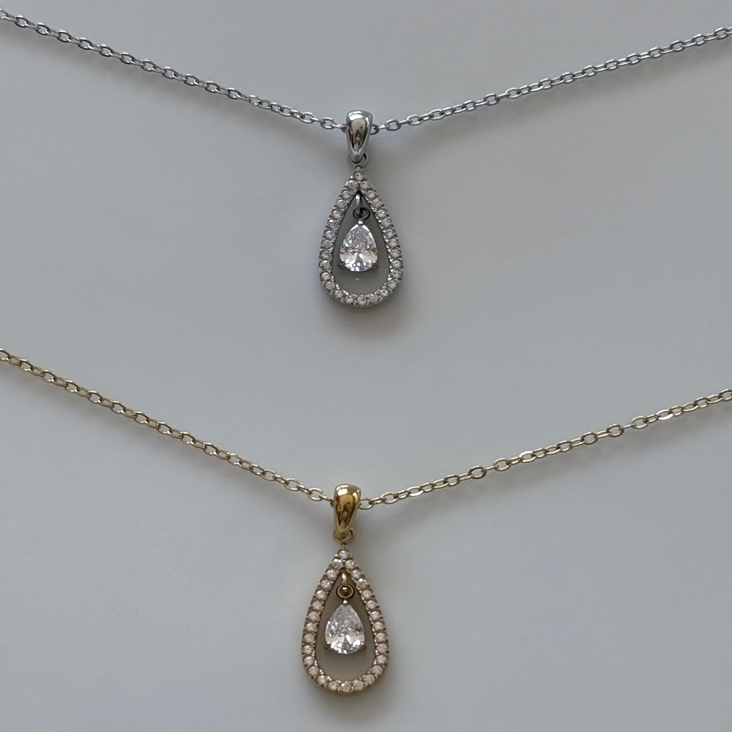 Teardrop Zircon Necklace in gold and silver