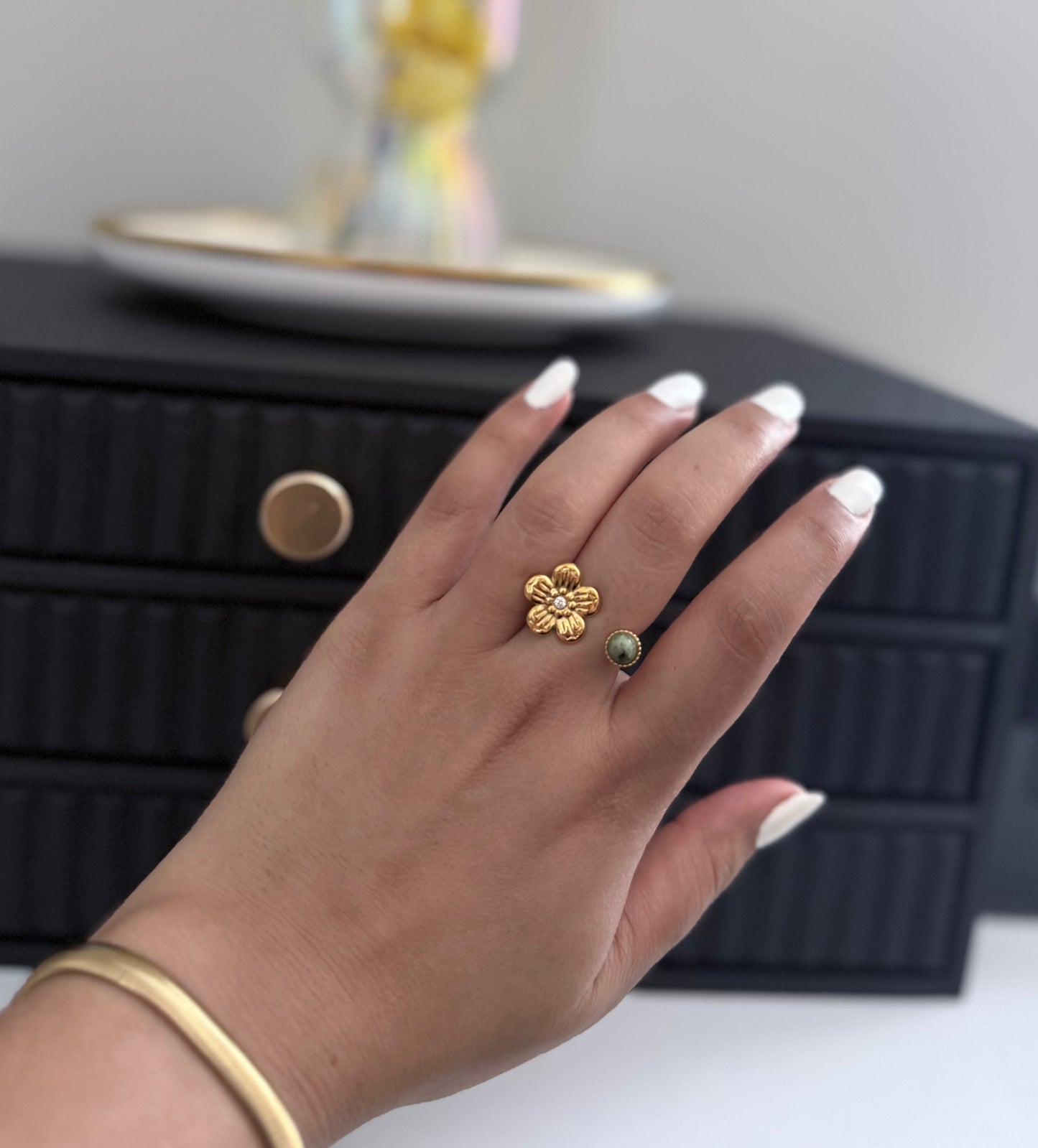 Gold Flower Adjustable Ring on finger