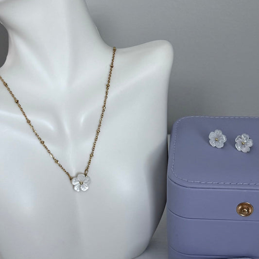 white shell flower necklace and earring set